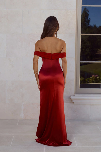 Burgundy Satin Maxi Prom Dresses with Off Shoulder Twist Neck High Slit Mermaid Train for Prom and Red Carpet