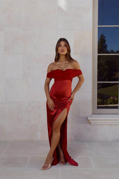 Burgundy Satin Maxi Prom Dresses with Off Shoulder Twist Neck High Slit Mermaid Train for Prom and Red Carpet