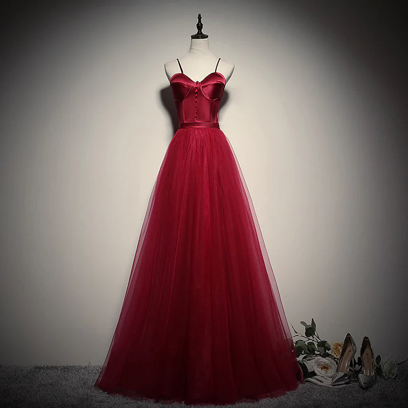 Burgundy Spaghetti Strap Sweetheart Neckline Satin Bodice Tulle A-Line Evening Dress
