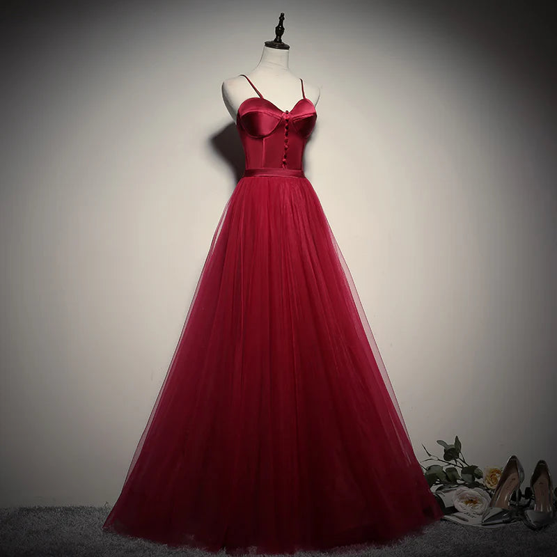 Burgundy Spaghetti Strap Sweetheart Neckline Satin Bodice Tulle A-Line Evening Dress
