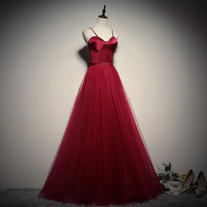 Burgundy Spaghetti Strap Sweetheart Neckline Satin Bodice Tulle A-Line Evening Dress
