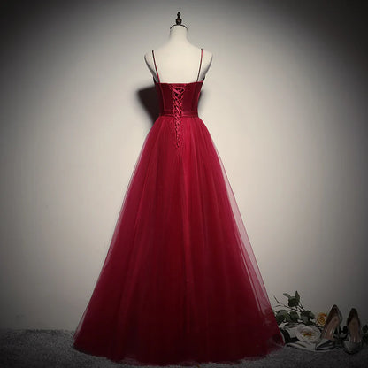 Burgundy Spaghetti Strap Sweetheart Neckline Satin Bodice Tulle A-Line Evening Dress