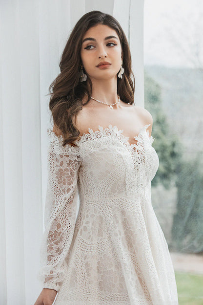 Cocktail Dresses A Line Off the Shoulder Lace White Graduation Dress with Long Sleeves