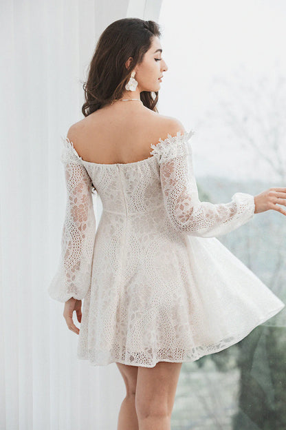 Cocktail Dresses A Line Off the Shoulder Lace White Graduation Dress with Long Sleeves