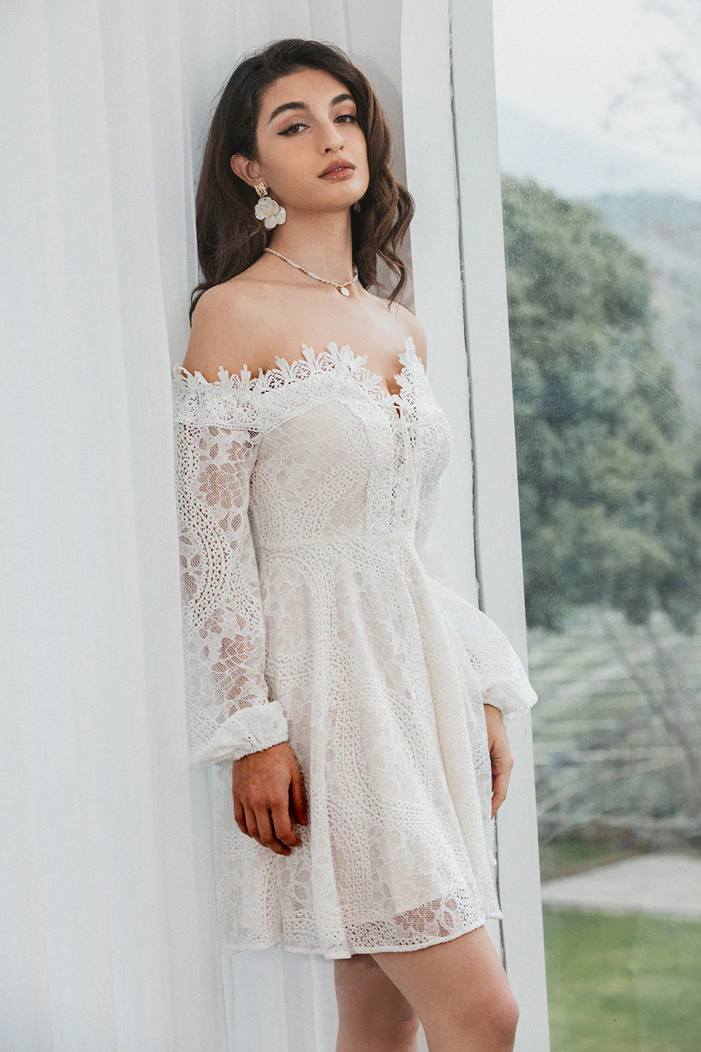 Cocktail Dresses A Line Off the Shoulder Lace White Graduation Dress with Long Sleeves