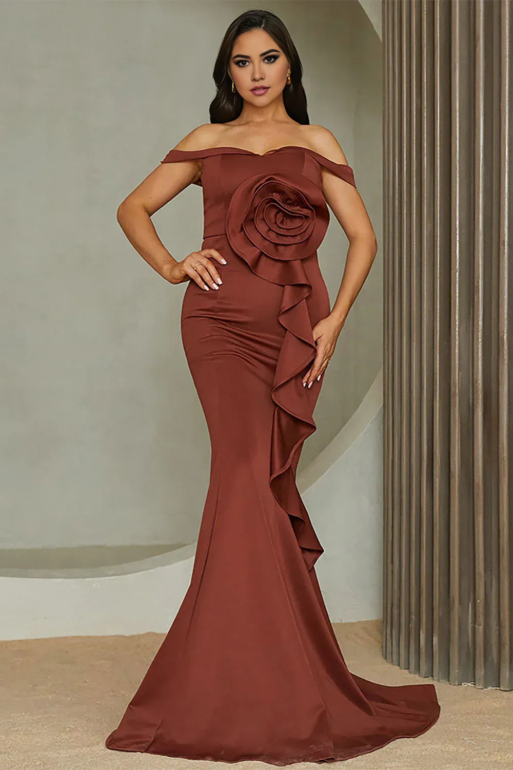 Sheath Mermaid Red Off the Shoulder Long Prom Dress With Ruffles