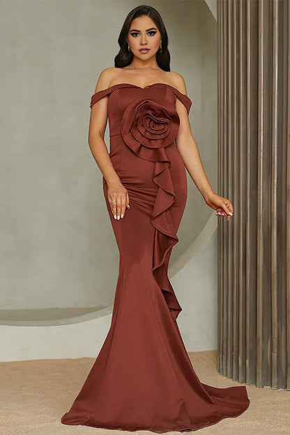 Sheath Mermaid Red Off the Shoulder Long Prom Dress With Ruffles