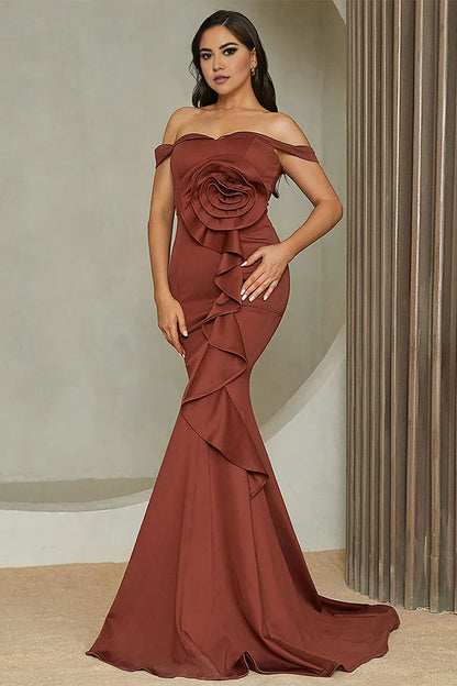 Sheath Mermaid Red Off the Shoulder Long Prom Dress With Ruffles