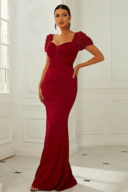 Sheath Burgundy Short Sleeves Mermaid Long Prom Dress Formal Dresses