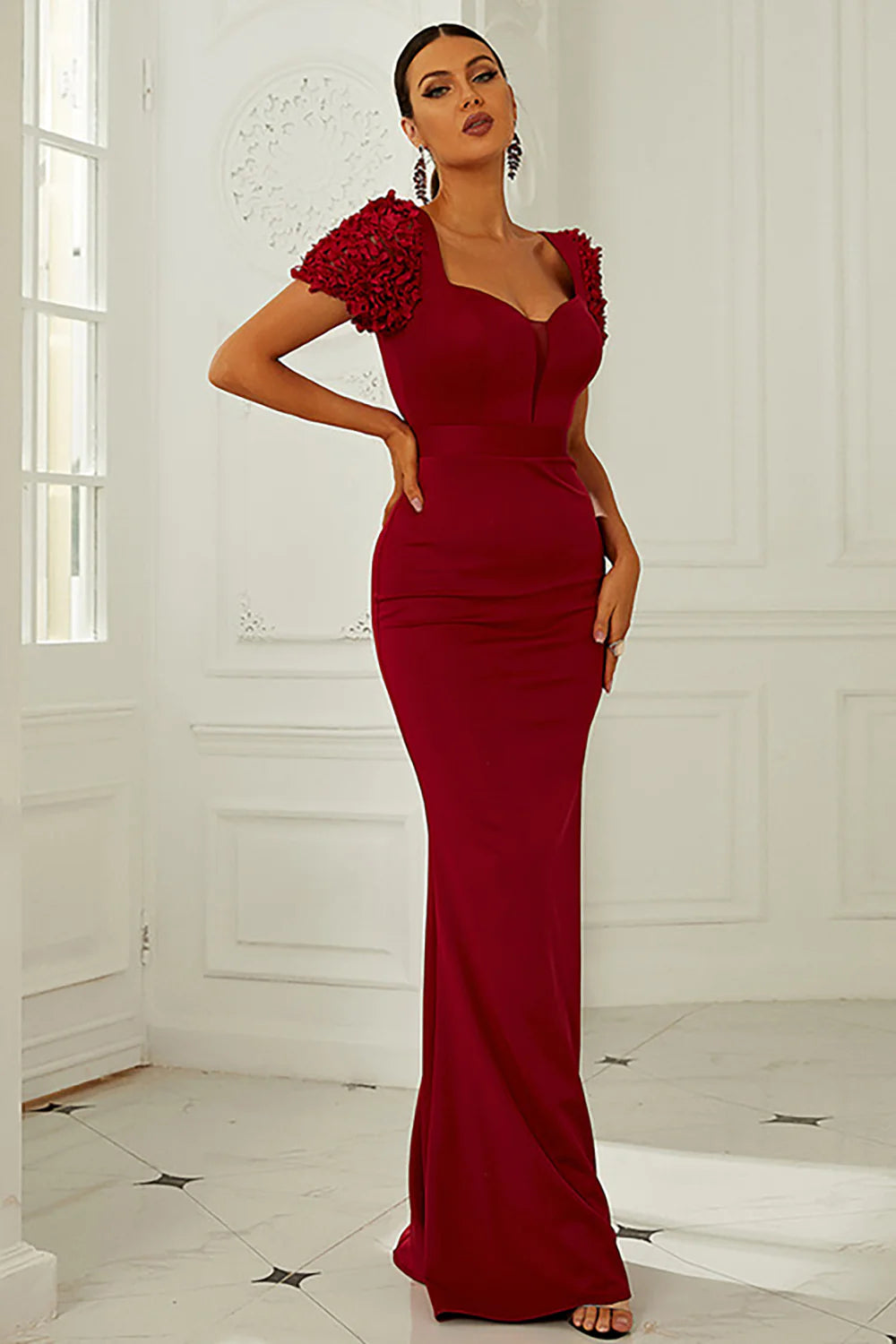 Sheath Burgundy Short Sleeves Mermaid Long Prom Dress Formal Dresses