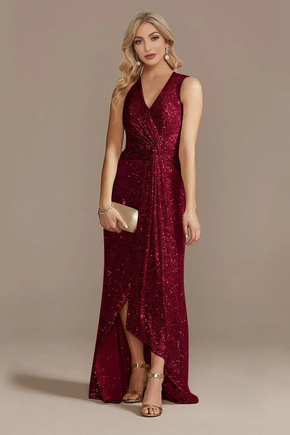Sleek Glitter Sparking Sleeveless V-Neck High Low Champagne Prom Dress
