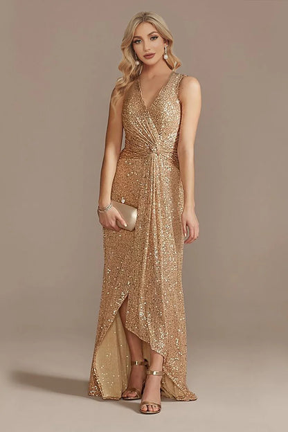 Sleek Glitter Sparking Sleeveless V-Neck High Low Champagne Prom Dress