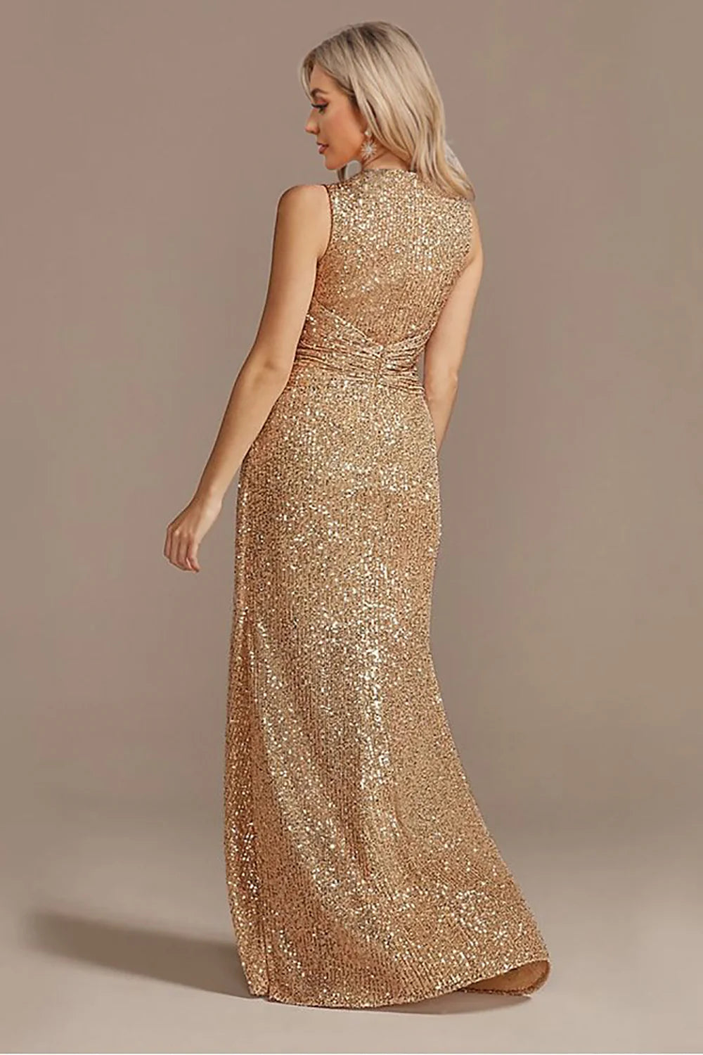 Sleek Glitter Sparking Sleeveless V-Neck High Low Champagne Prom Dress