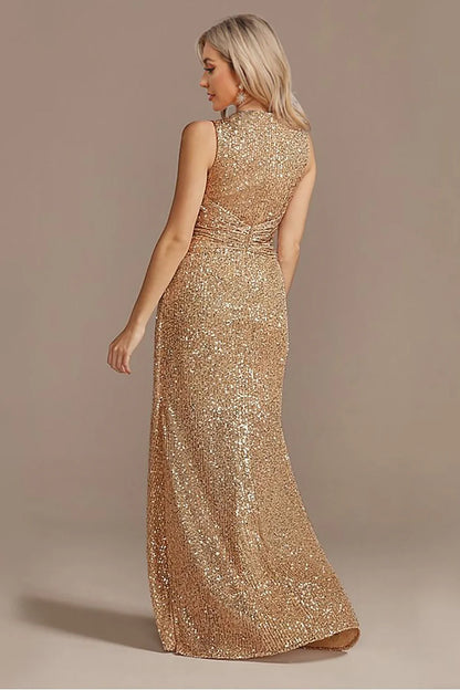 Sleek Glitter Sparking Sleeveless V-Neck High Low Champagne Prom Dress