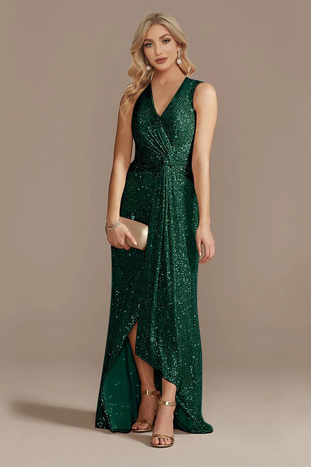 Sleek Glitter Sparking Sleeveless V-Neck High Low Champagne Prom Dress