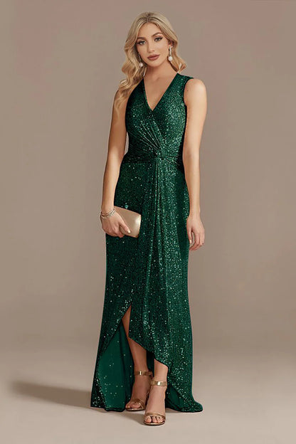 Sleek Glitter Sparking Sleeveless V-Neck High Low Champagne Prom Dress