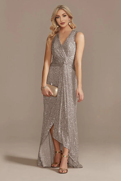 Sleek Glitter Sparking Sleeveless V-Neck High Low Champagne Prom Dress