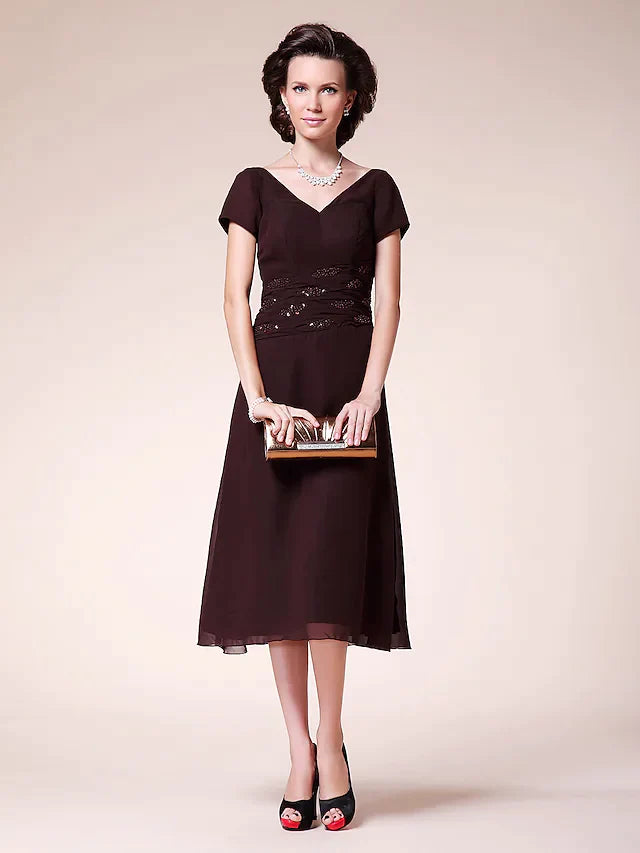 Ball Gown Cocktail Party Wedding Party Dress V Neck Short Sleeve Tea Length Chiffon with Ruched Beading