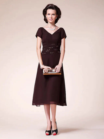 Ball Gown Cocktail Party Wedding Party Dress V Neck Short Sleeve Tea Length Chiffon with Ruched Beading