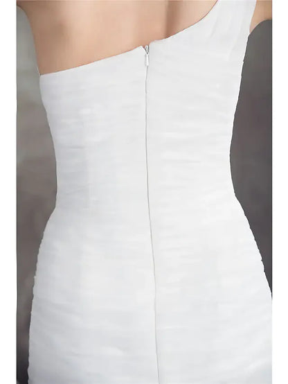 Wedding Dresses One Shoulder Court Train Organza Spaghetti Strap with Ruched Pleats Sequin Appliques