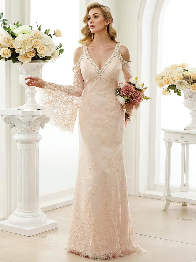 Princess A-Line Wedding Dresses Jewel Neck Court Train Lace Tulle Short Sleeve Romantic with Bow(s) Beading Appliques