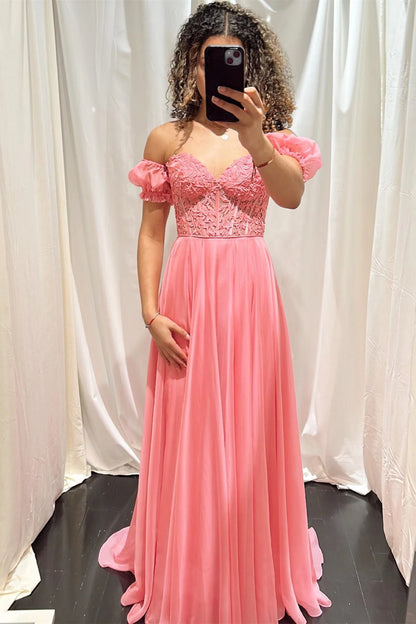 Sweep/Brush Train Dresses Off The Shoulder A-line Chiffon Applique Lace-Up Long Prom Dress