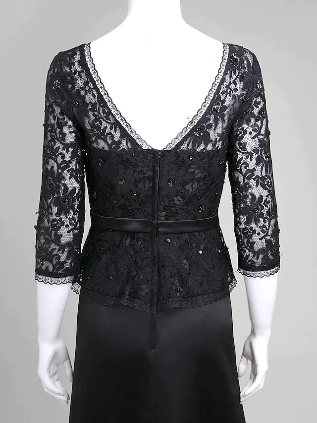 A-Line Mother of the Bride Dress Open Back V Neck Floor Length Lace Satin Half Sleeve with Lace Bow