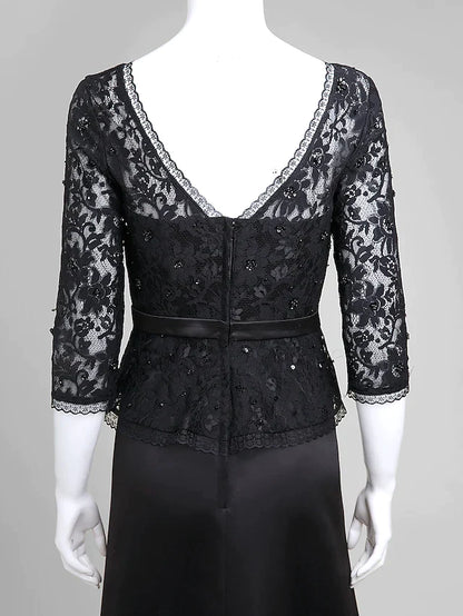 A-Line Mother of the Bride Dress Open Back V Neck Floor Length Lace Satin Half Sleeve with Lace Bow
