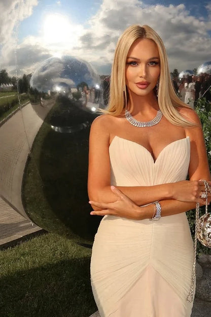 Champagne Ruched Maxi Prom Dresses with Strapless Sweetheart Neckline High Slit for Wedding Guest