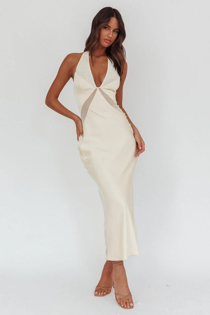 Champagne Satin Halter Neck Mesh Insert Ruched Midi Evening Dress