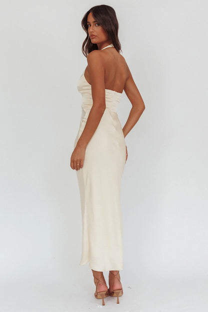 Champagne Satin Halter Neck Mesh Insert Ruched Midi Evening Dress