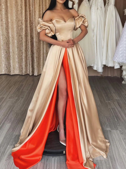 Champagne & Orange Off-the-Shoulder Puff Sleeves Sweetheart Neckline High Slit A-Line Train Evening Dress