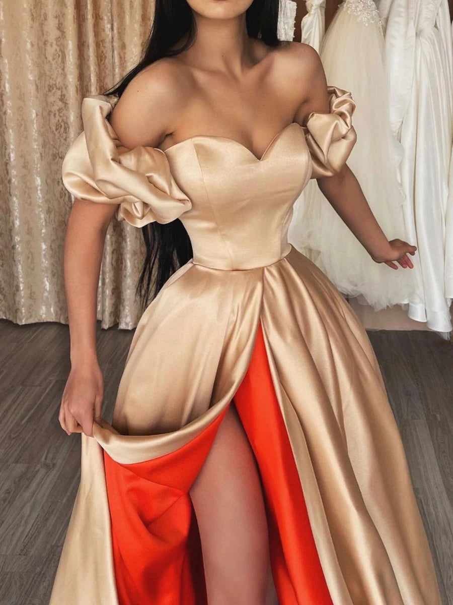 Champagne & Orange Off-the-Shoulder Puff Sleeves Sweetheart Neckline High Slit A-Line Train Evening Dress