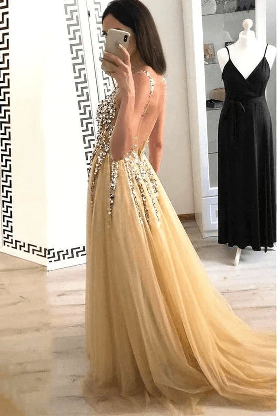 A Line  Sweep/Brush Dresses V Neck Floor Length Prom Dresses With Beading