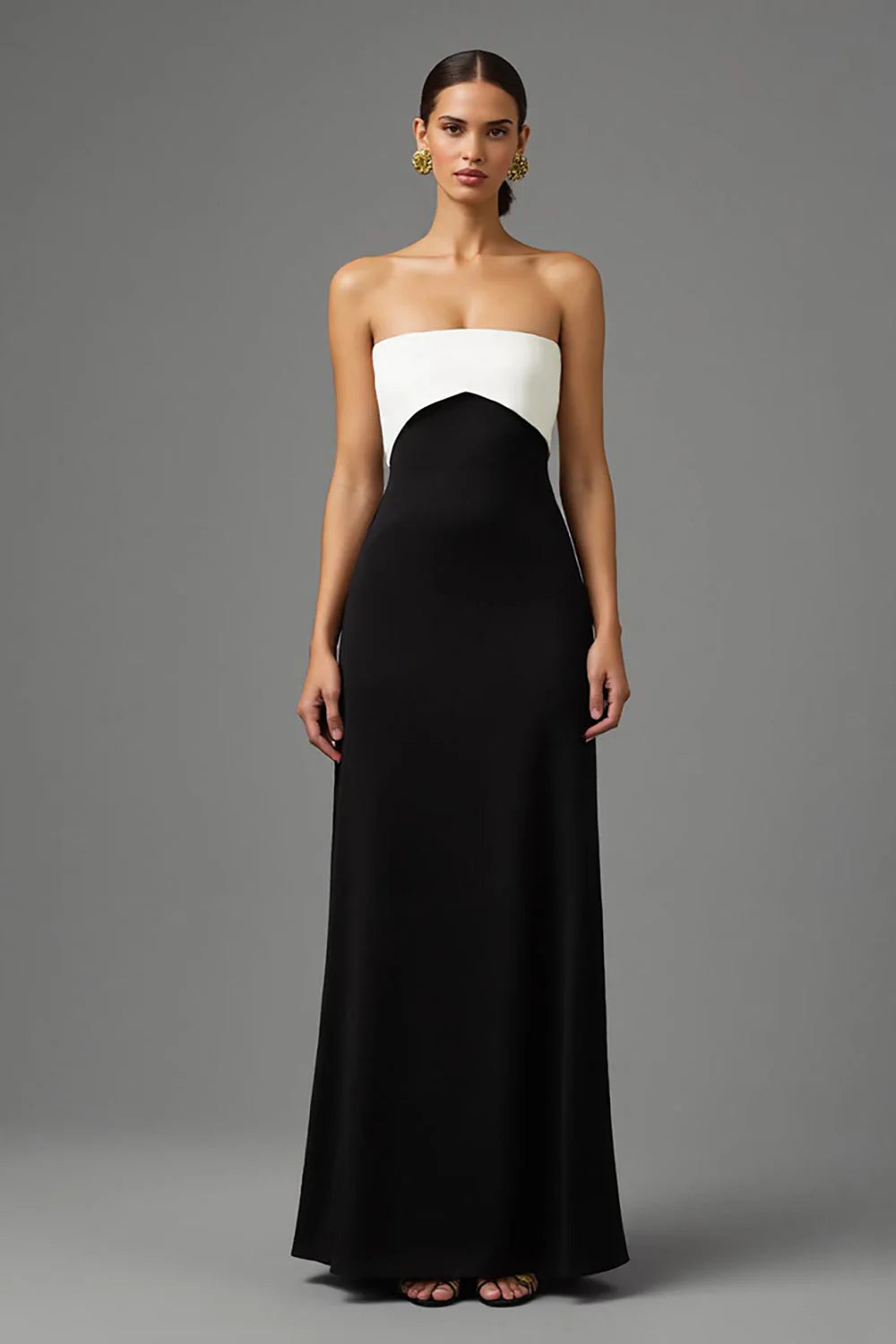 Chic Black and White Two-Tone Strapless Oversized Back Bow Floor Length Evening Dress