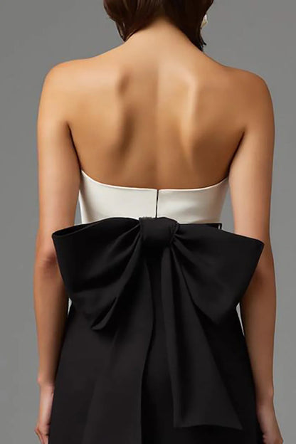 Chic Black and White Two-Tone Strapless Oversized Back Bow Floor Length Evening Dress