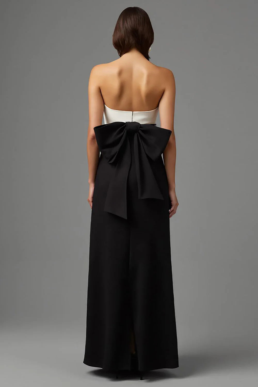 Chic Black and White Two-Tone Strapless Oversized Back Bow Floor Length Evening Dress