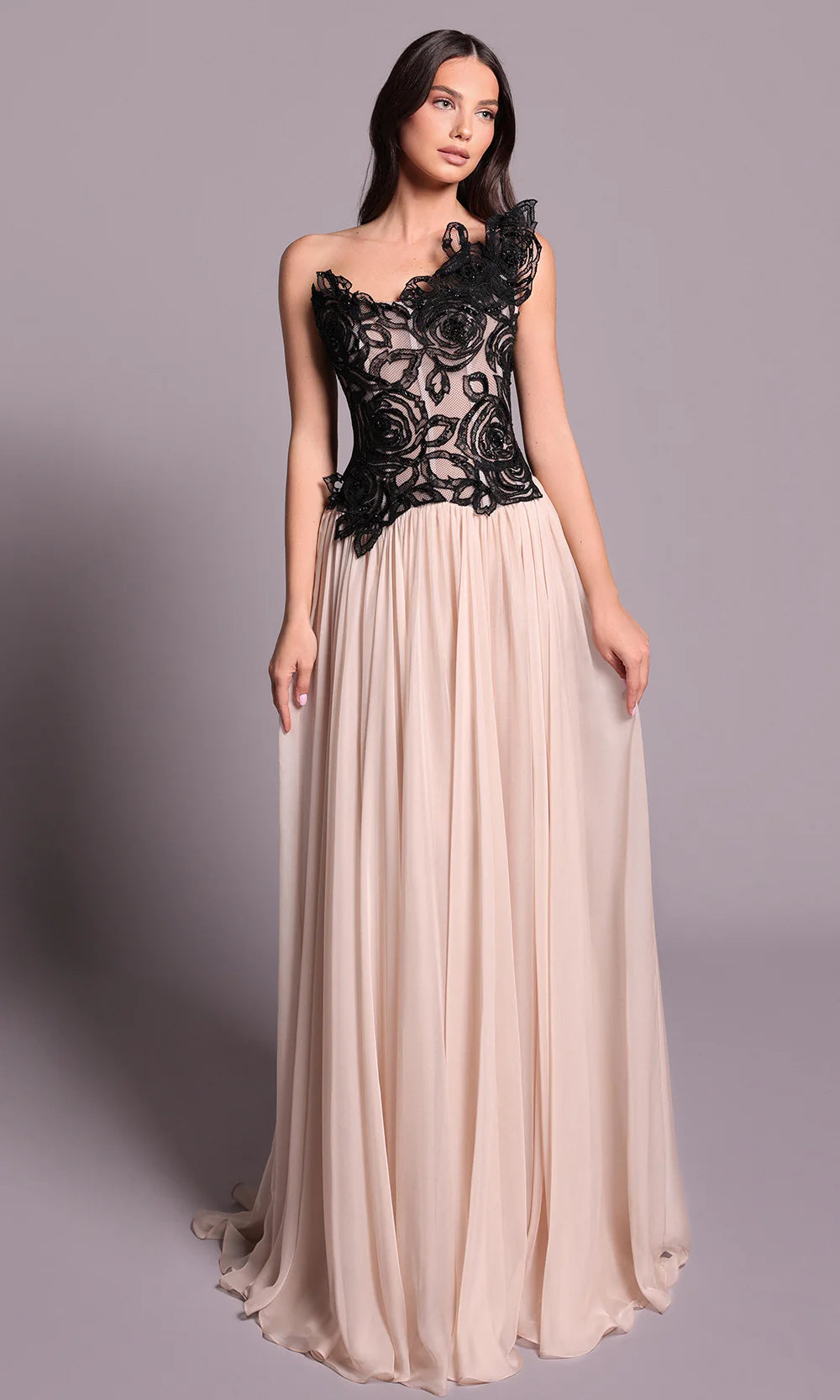 Chic Champagne Chiffon Strapless Black Lace Floral Bodice A-Line Train Evening Dress