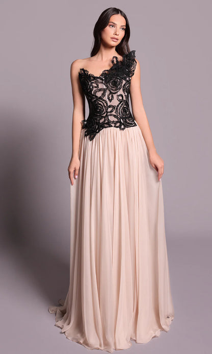 Chic Champagne Chiffon Strapless Black Lace Floral Bodice A-Line Train Evening Dress