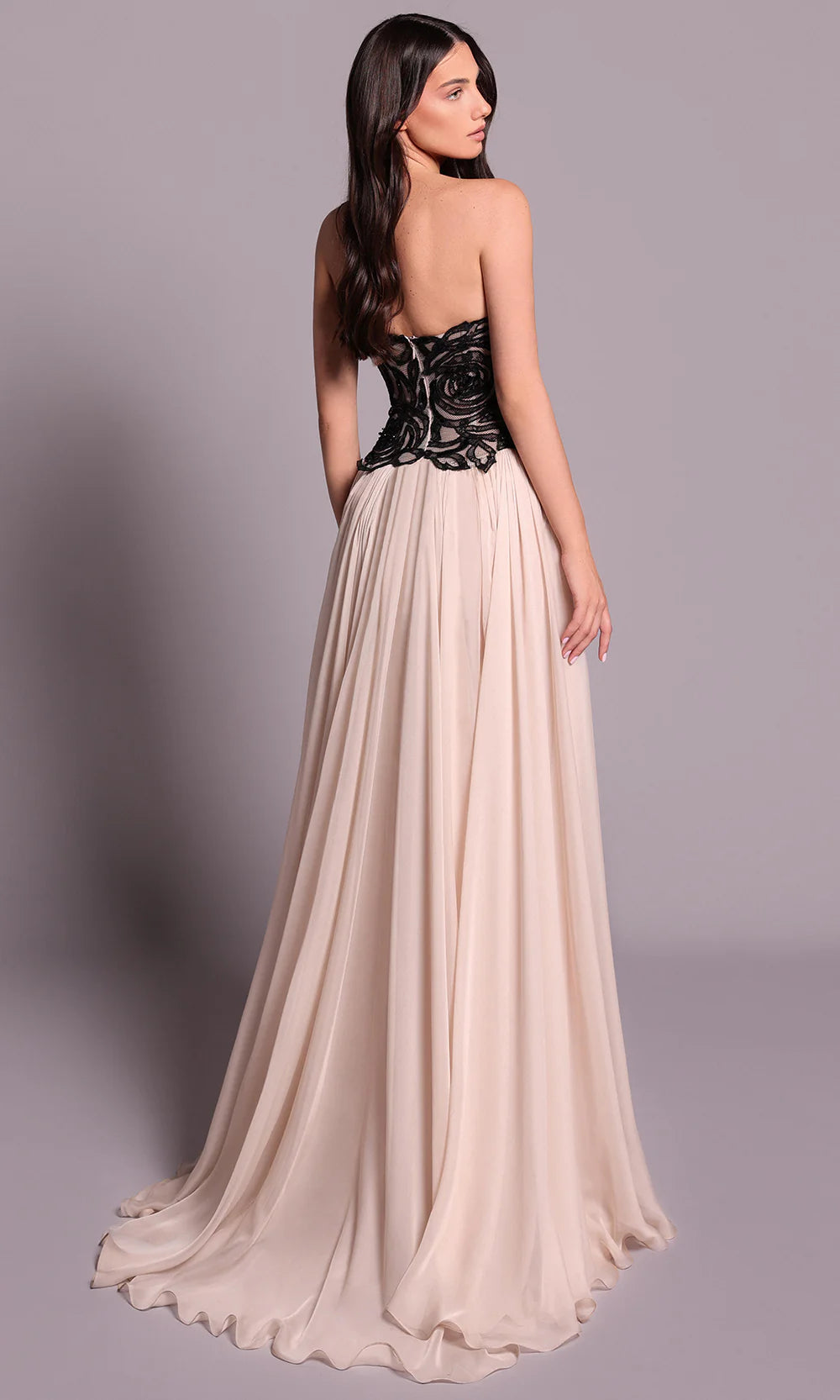 Chic Champagne Chiffon Strapless Black Lace Floral Bodice A-Line Train Evening Dress