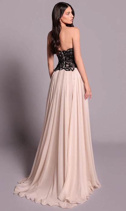 Chic Champagne Chiffon Strapless Black Lace Floral Bodice A-Line Train Evening Dress