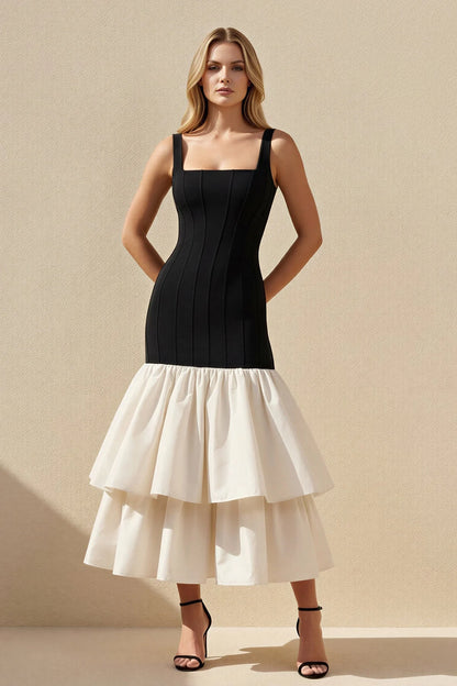 Chic Color-Block Square-Neck Sleeveless Tiered-Ruffle Midi Evening Dress