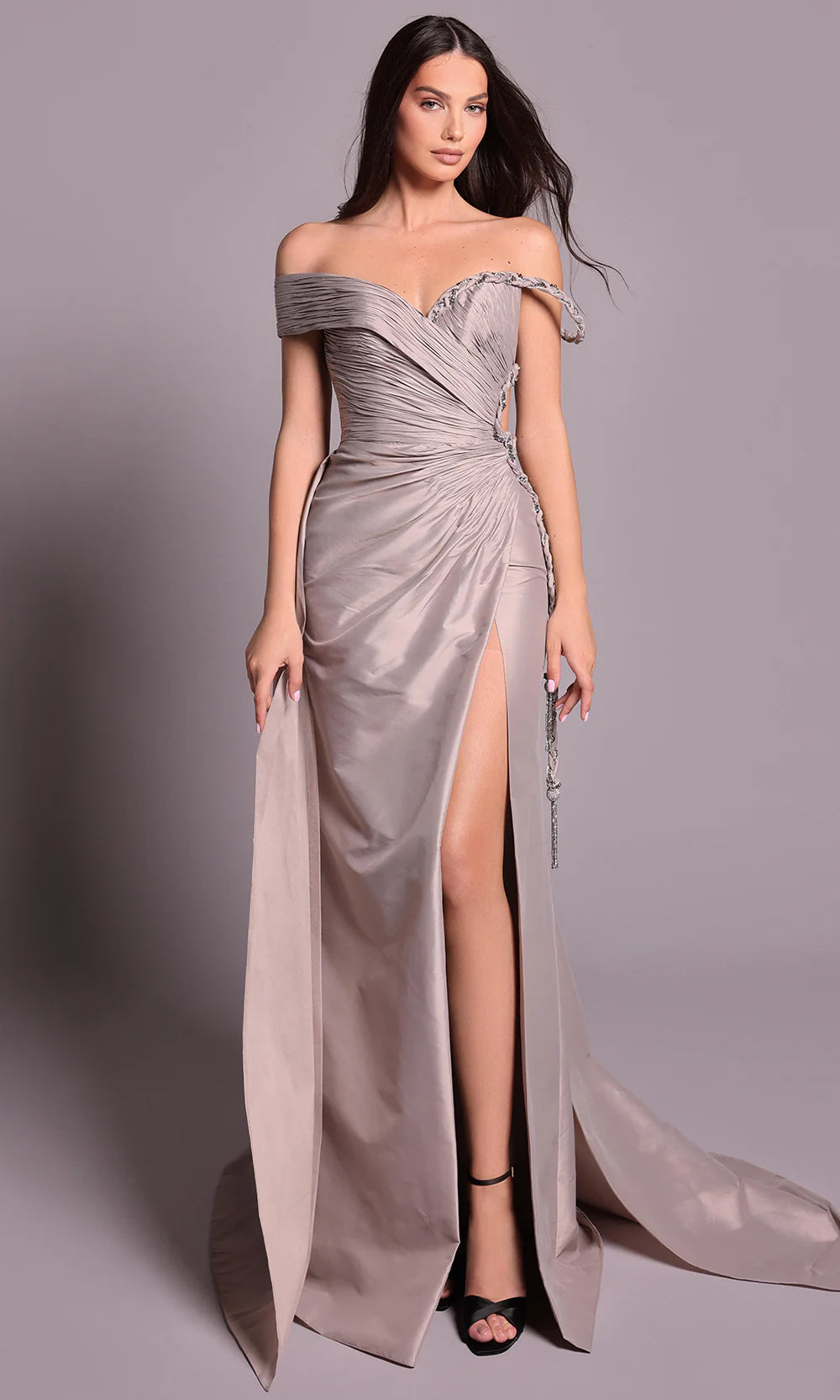 Chic Dusty Sage Satin Off-Shoulder Rhinestone Cutout Fitted A-Line Train Evening Dress