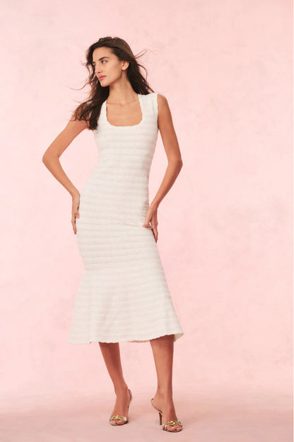 Chic Fitted Square Neck Sleeveless Crochet Knit Midi Evening Dress