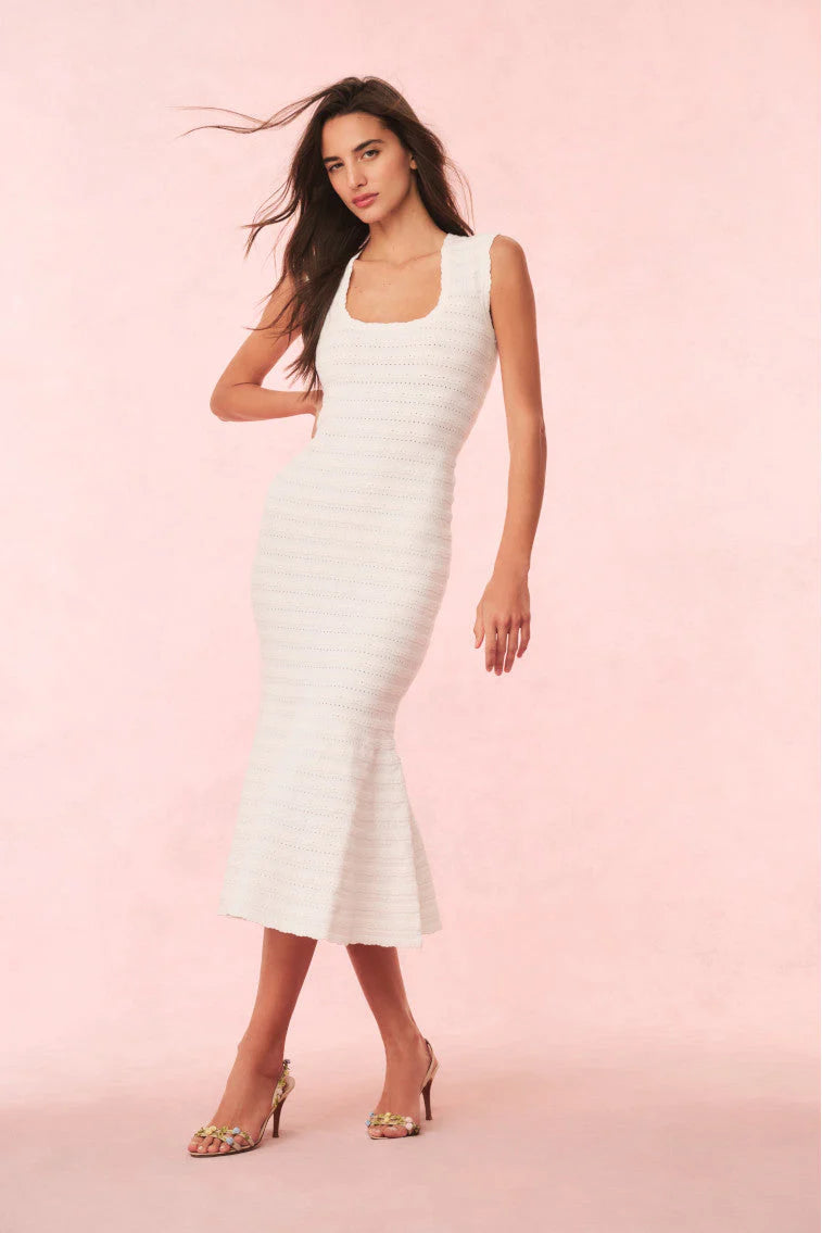 Chic Fitted Square Neck Sleeveless Crochet Knit Midi Evening Dress