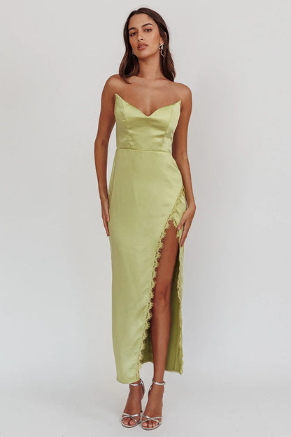 Chic Fitted Sweetheart Neck Strapless Satin Frayed Hem Midi Evening Dress