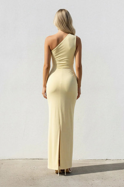 Chic Ruched One-Shoulder Sleeveless Slit-Back Long Evening Dress
