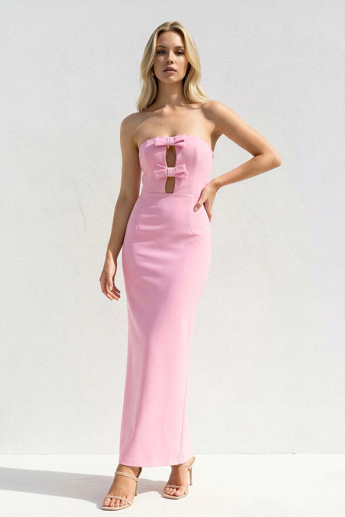 Chic Strapless Bow-Accent Cutout Slit-Back Midi Evening Dress