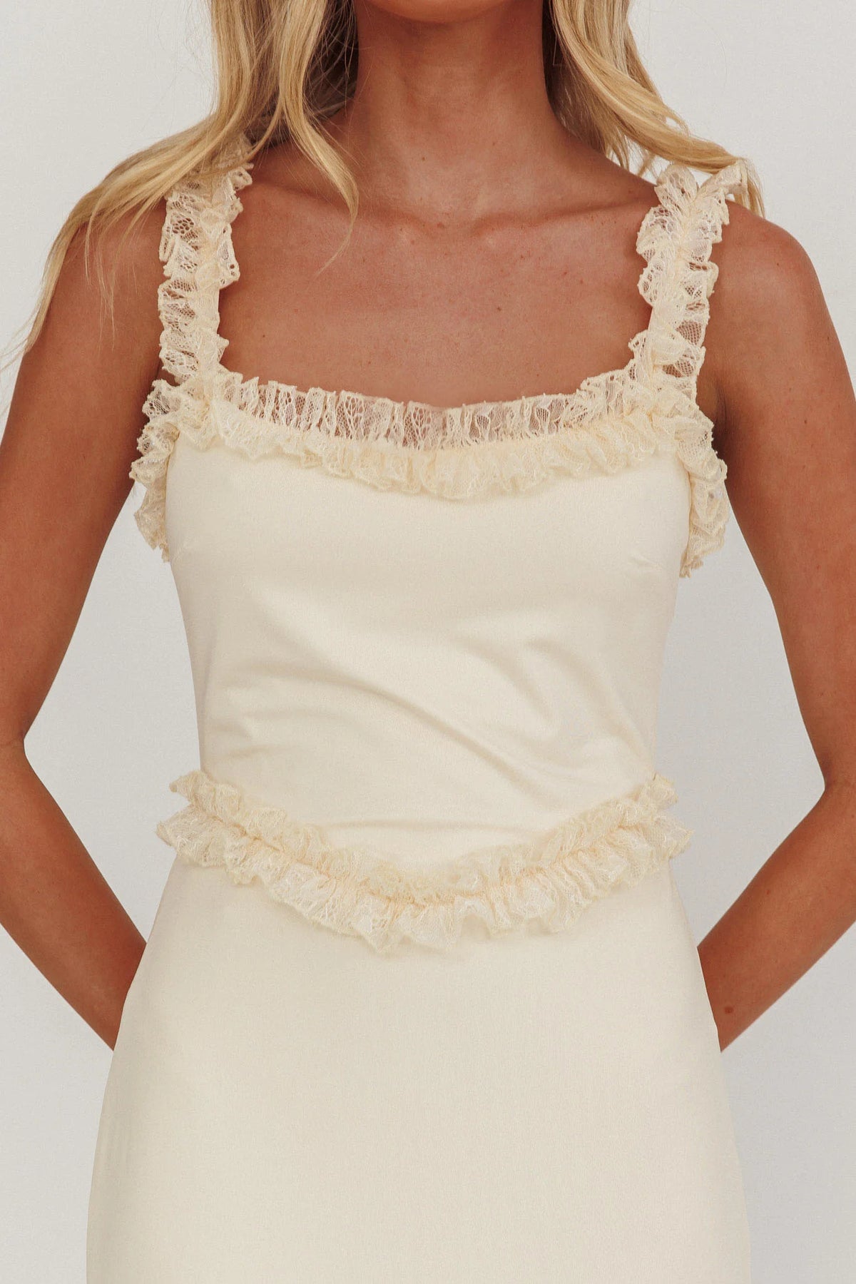 Cream Lace Ruffle Trim Square Neck Maxi Evening Dress