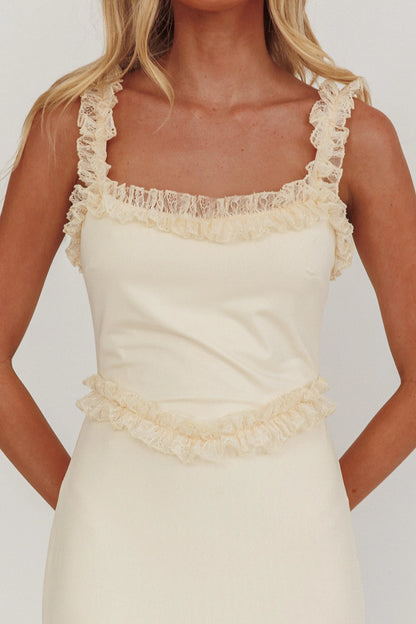 Cream Lace Ruffle Trim Square Neck Maxi Evening Dress